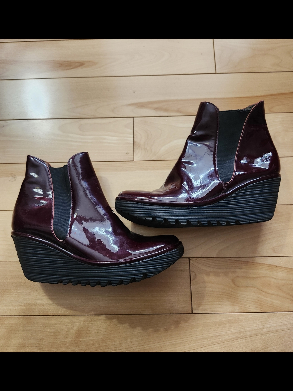 Fly London Burgundy Patent Leather Wedge Boots